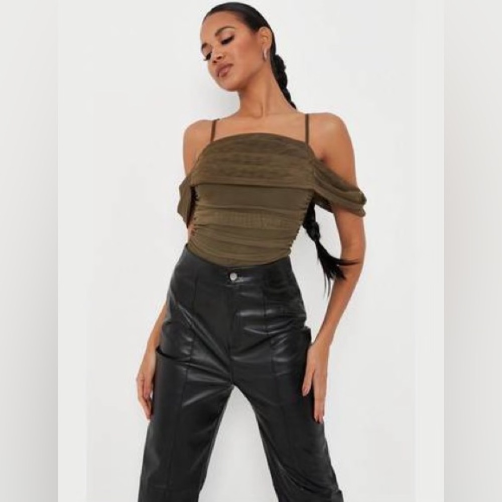 Missguided Womens Khaki Mesh Overlay Ruched Bardot Bodysuit Size 6